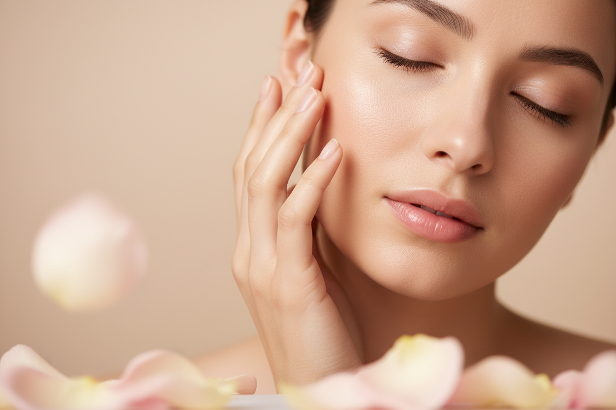An intimate close-up portrait of a woman with closed eyes and peaceful expression, gently touching her cheek after using rose glycerin soap. Soft rose petals float in the foreground. Her skin looks hydrated and smooth. Warm pastel beige background. Diffused lighting, romantic mood, luxury beauty editorial style, ultra-detailed, shallow focus.